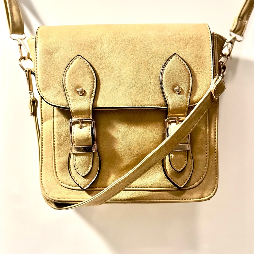 Tan Crossbody Bag with Vintage Buckle Accents